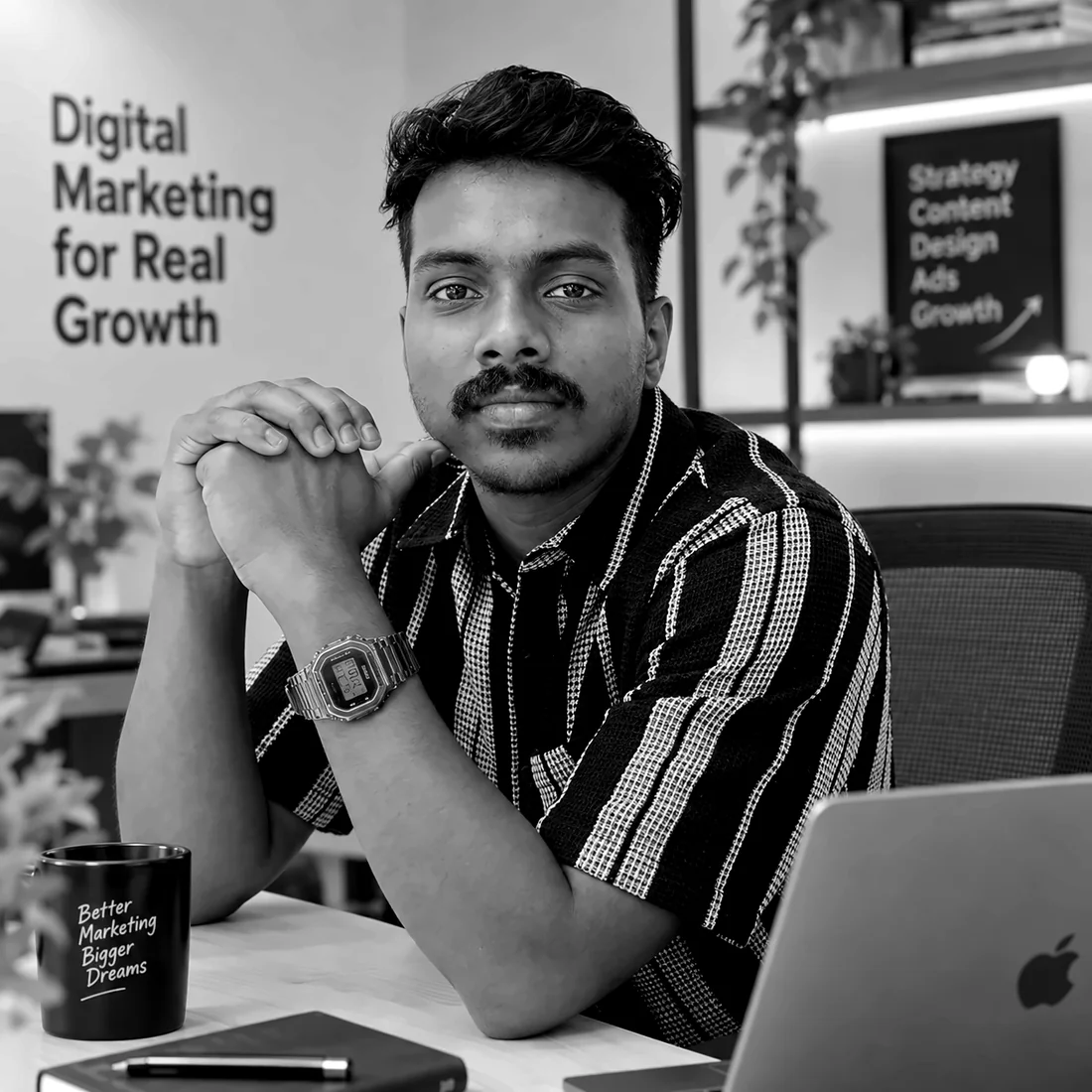 George, Managing Director of Upscaleads, at his desk in the Upscaleads office in Dubai
