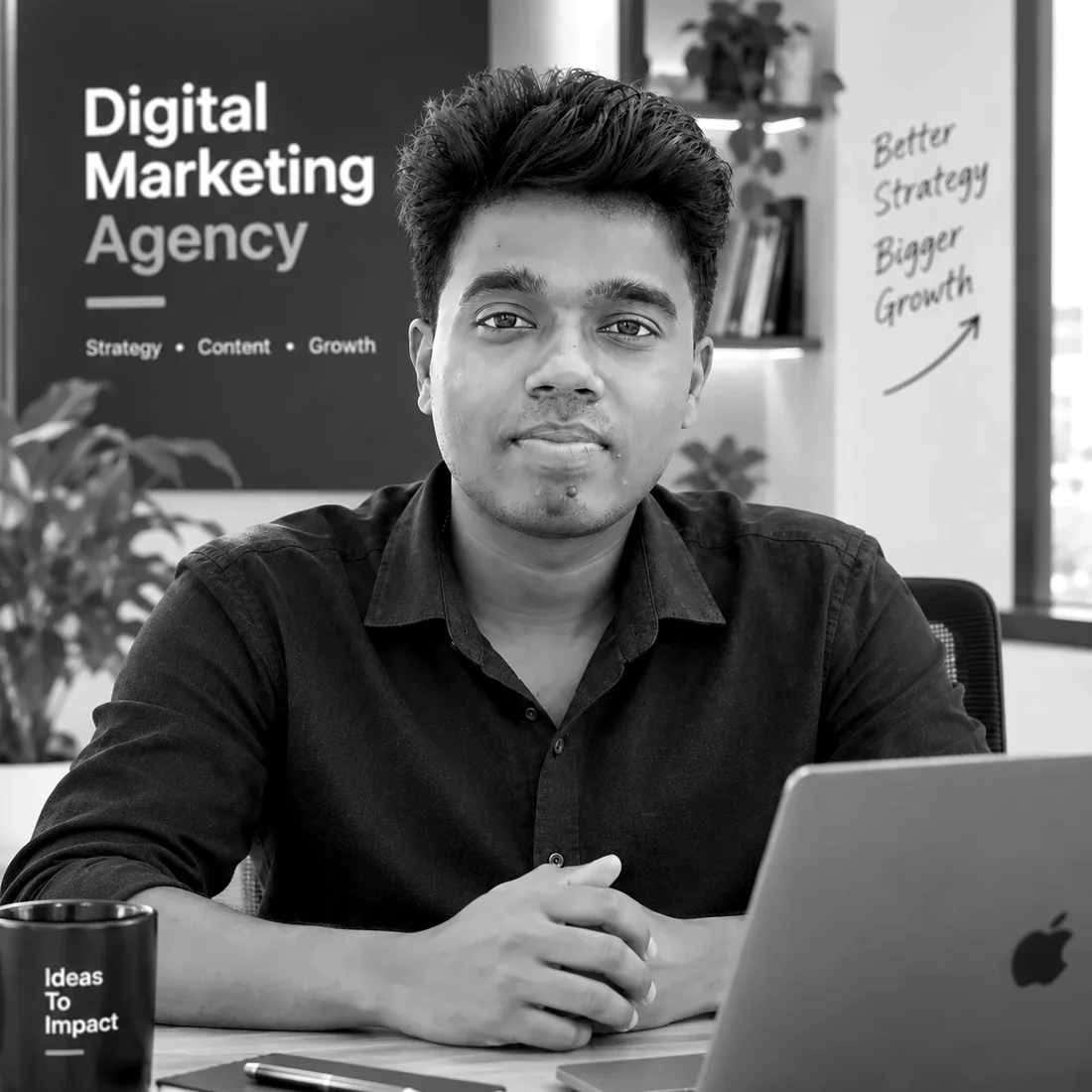 Raj, Founder of Upscaleads, at his desk in the Upscaleads office in Dubai